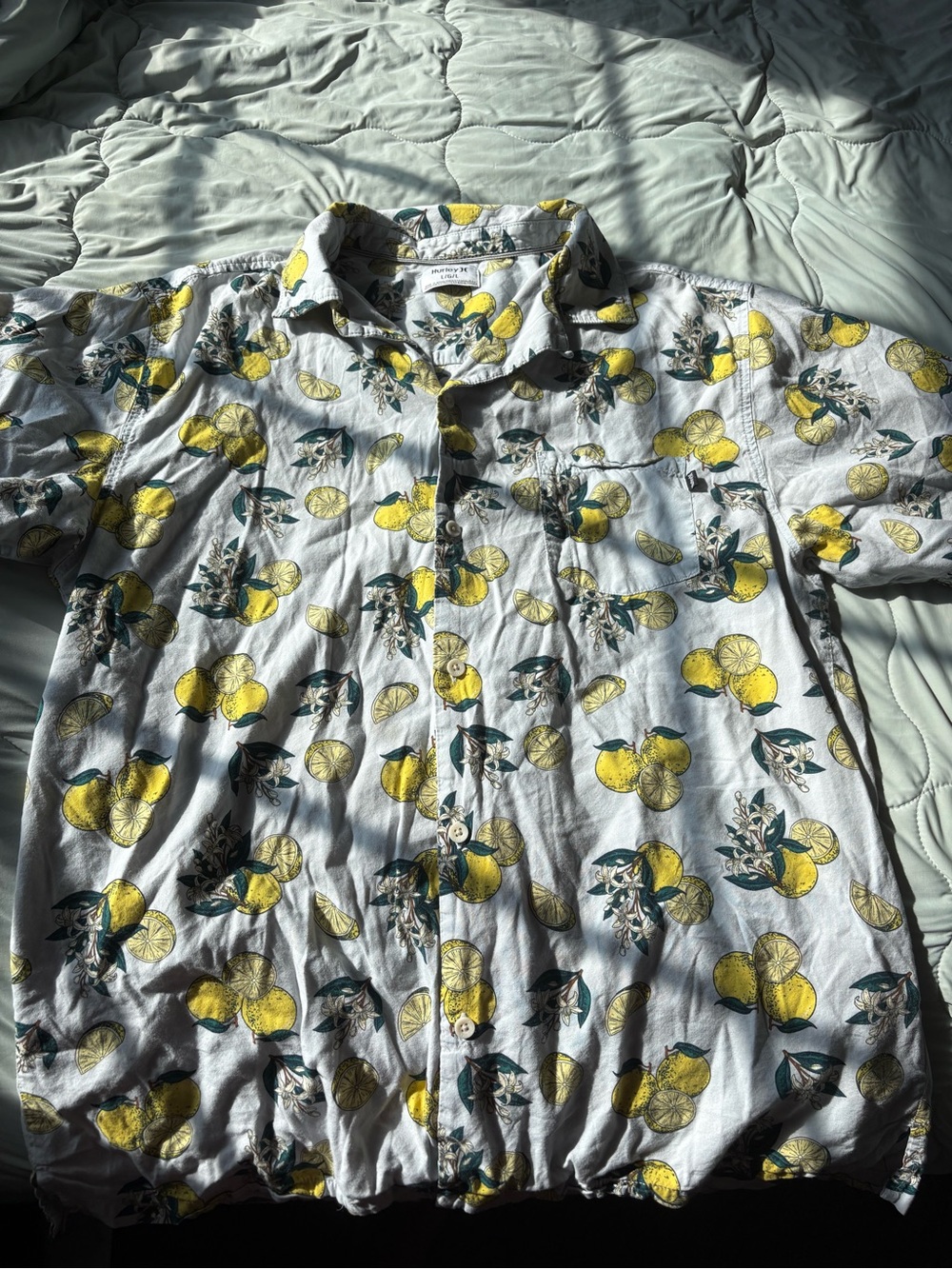 Hurley blue Short-Sleeve Button-Up Shirt with Yellow Lemon Print
